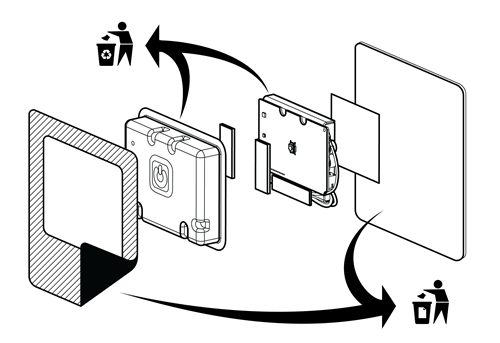 The image of the device separated into three segments: top cover, electronic module, and bottom with an adhesive side.