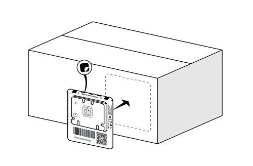 Image of the device being attached to the box with indication of the protective film to be removed beforehand.
