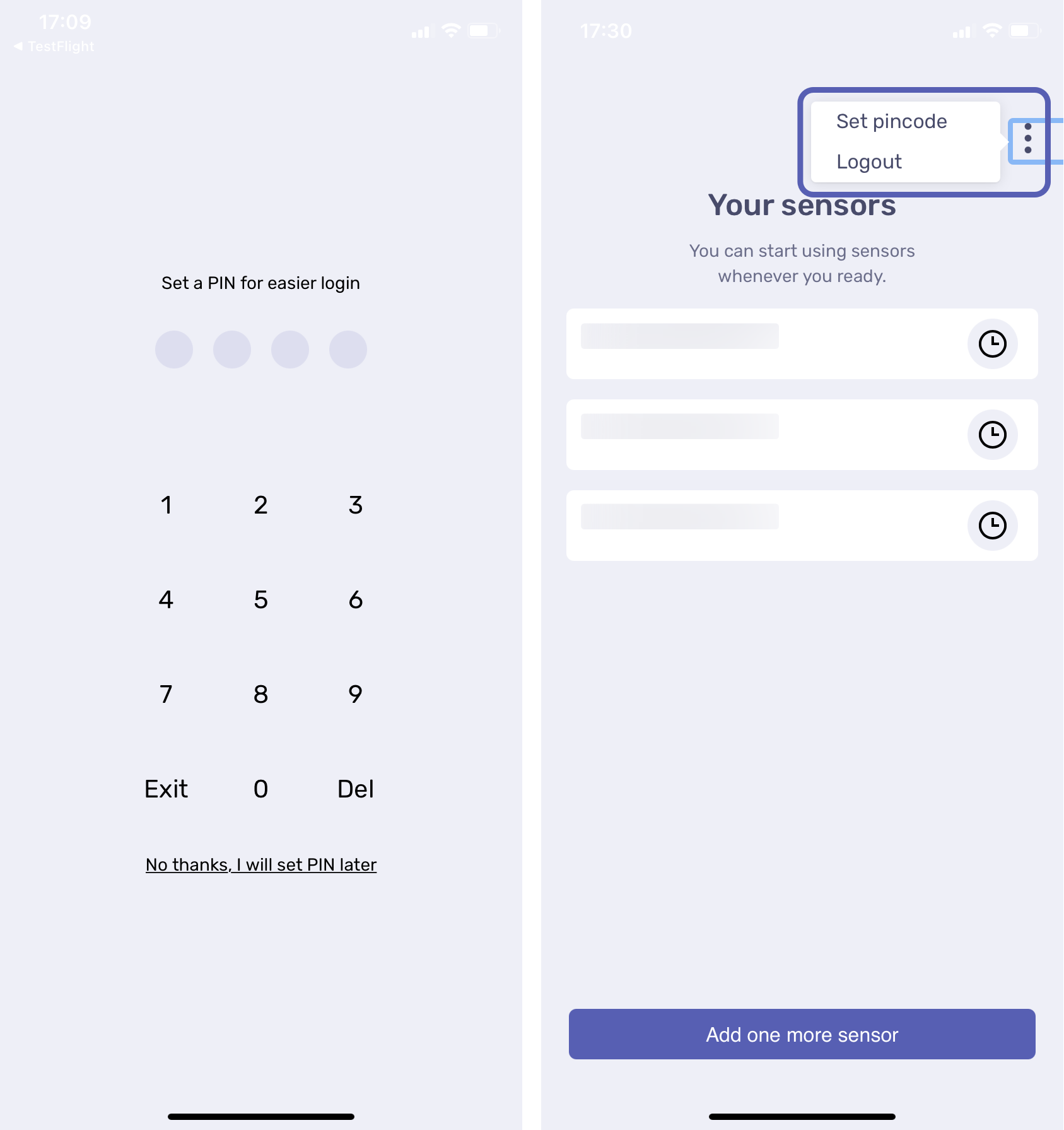 Setting up a pincode for entering the Moeco app