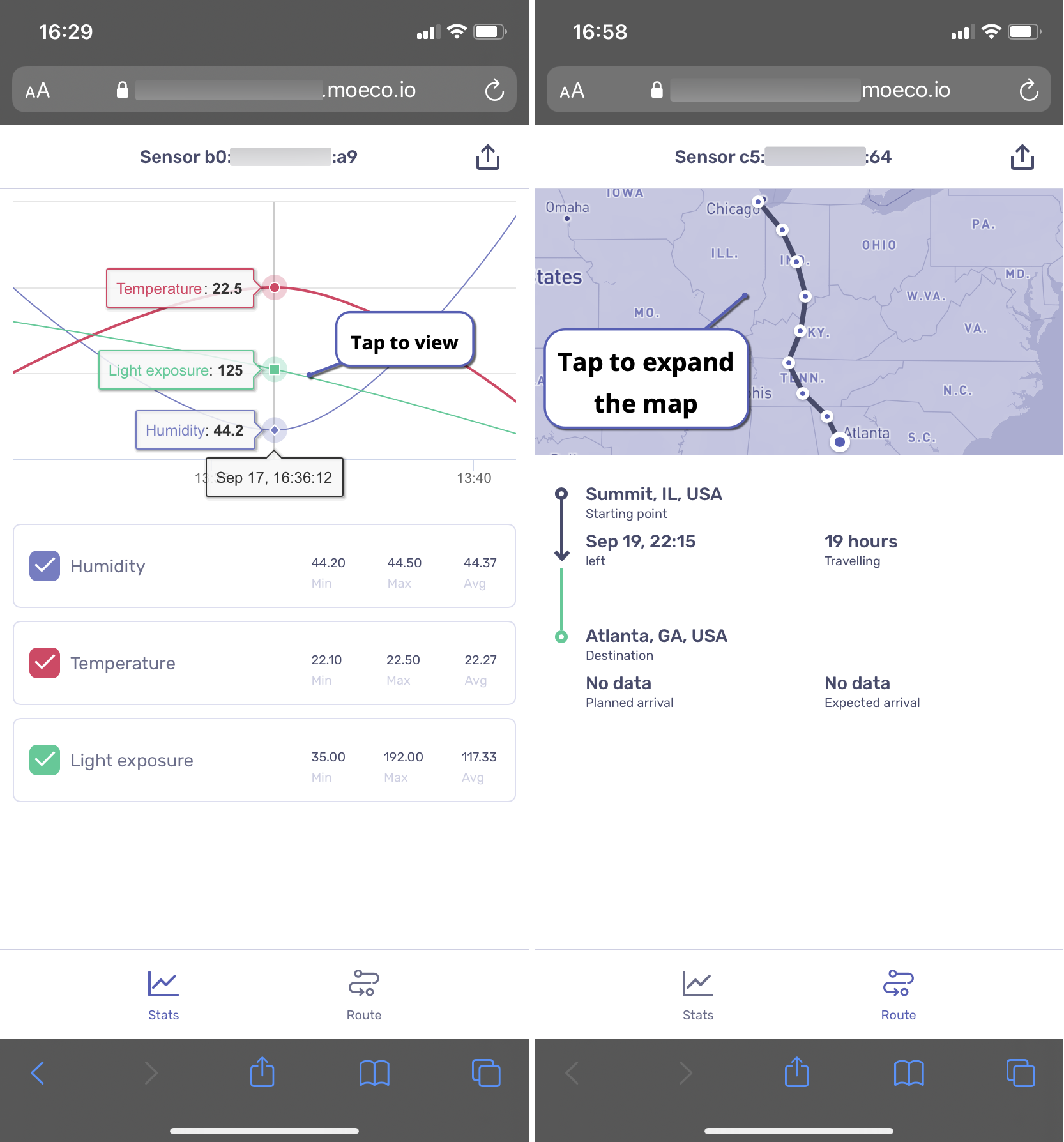 Stats and Route tabs of the mobile web application